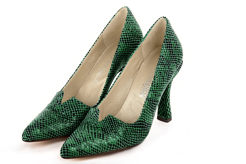 Emerald green women's dress pumps,with a square neckline. Tapered toe. Very high spool heels. Front view - Florence KOOIJMAN